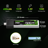 Lot de 4 batteries Lipo OVONIC 1S 450 mAh 1S1P 35 C 3,8 V LiHV avec prise BT2.0 pour drone FPV Tinywhoop Tinyhawk 1S